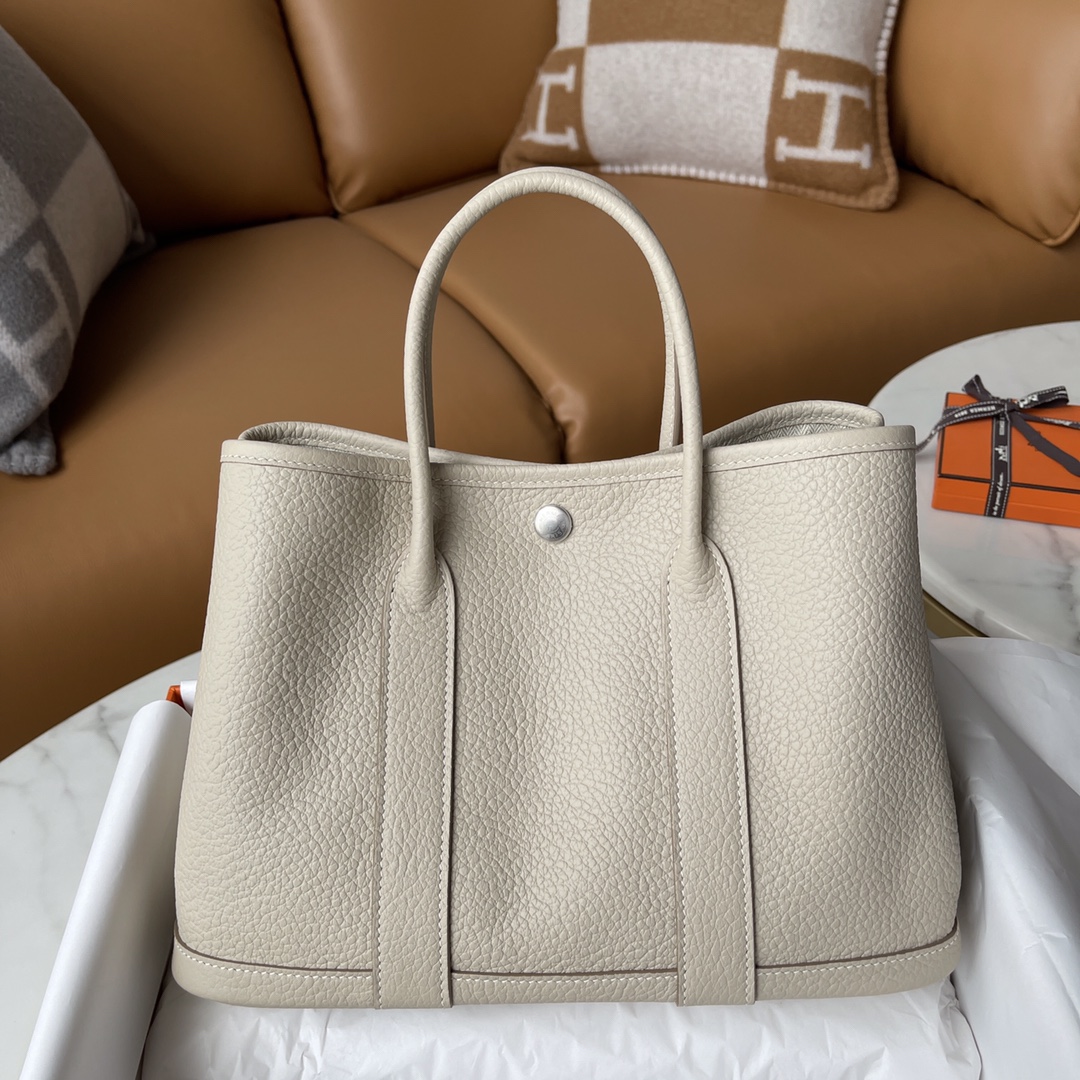 Hermes Garden Party 30cm Tote Handbag In Pearl White Clemence Leather